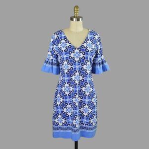 BARBARA ERICKSON MOSAIC PRINT CABANA RUFFLE SLEEVE V-NECK DRESS